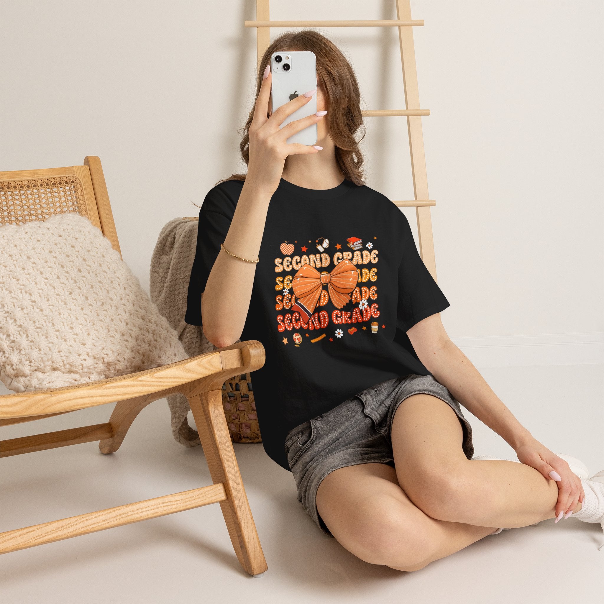 Second Grade Bow T-Shirt - Cute Orange School Teacher Kid Back to School Tee